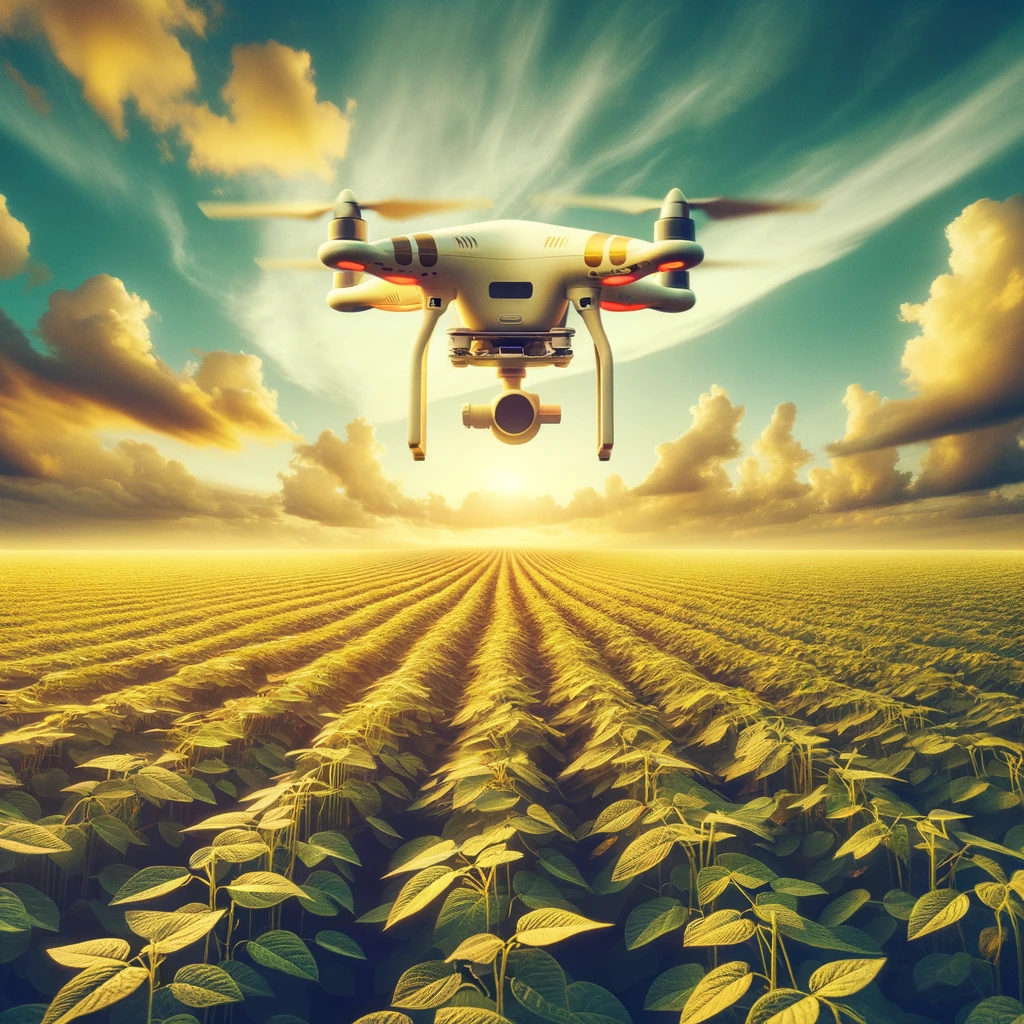Agricultura de Precisão, Drone sobrevoa lavoura de soja monitorando pragas.
